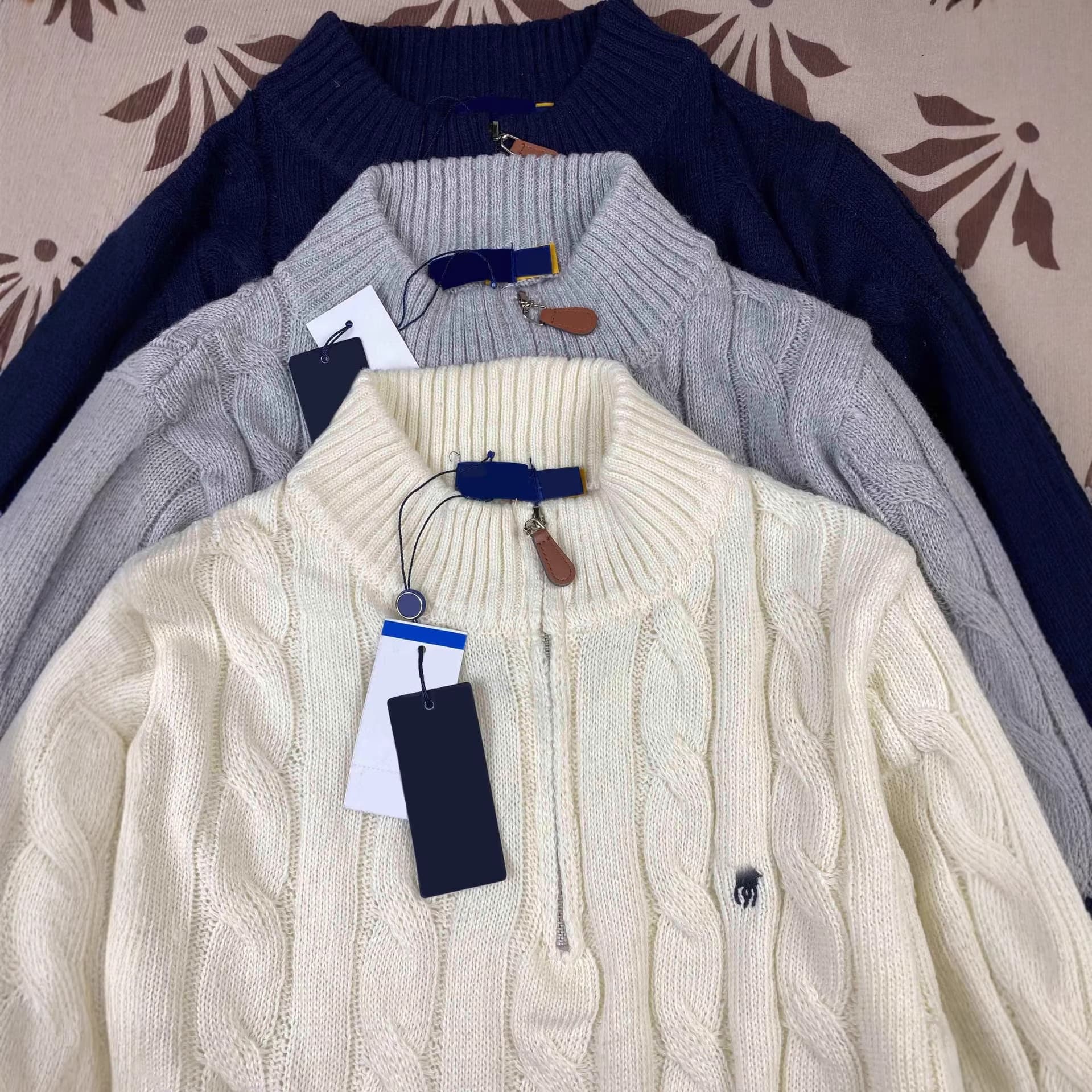 RL Ralph Lauren Pony Logo Autumn Winter Stand Collar Embroidered Knit Sweater Men Cable Knit Half Zip Pullover Women QR Code Available