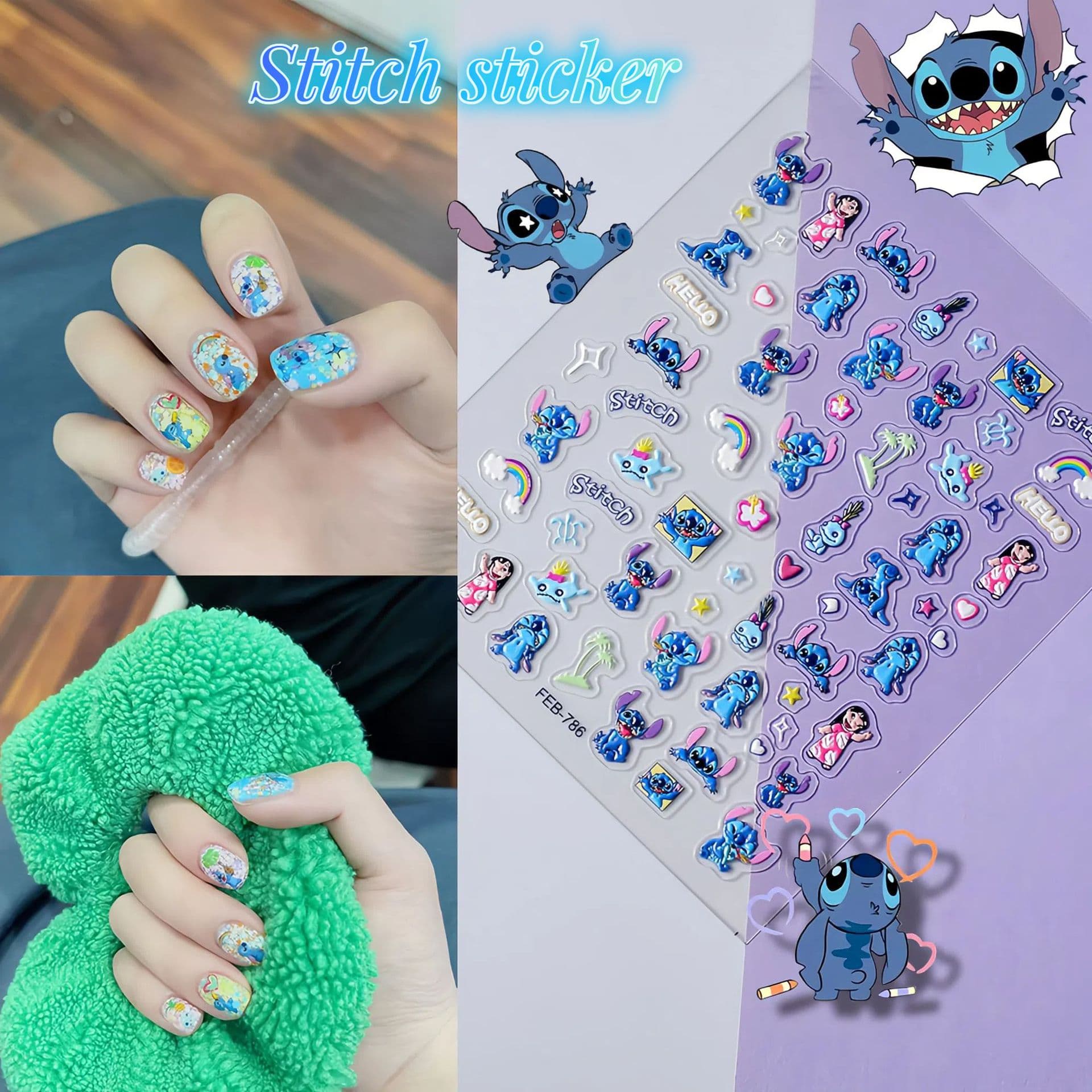 Nail Stickers for Kids, Hand Account Doll 3D Nail Stickers, Rainbow Embossed Stickers, Cartoon Butterfly Stickers