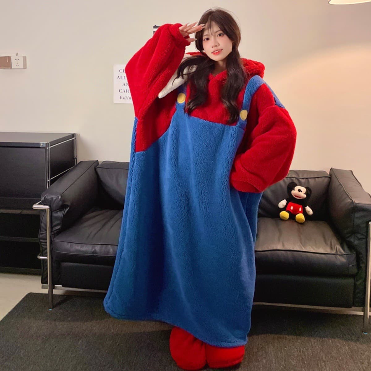 Mario Sleepwear Women Coral Fleece New Autumn Winter Cute Cartoon Hooded Pajamas Wear Out Couple Home Clothes