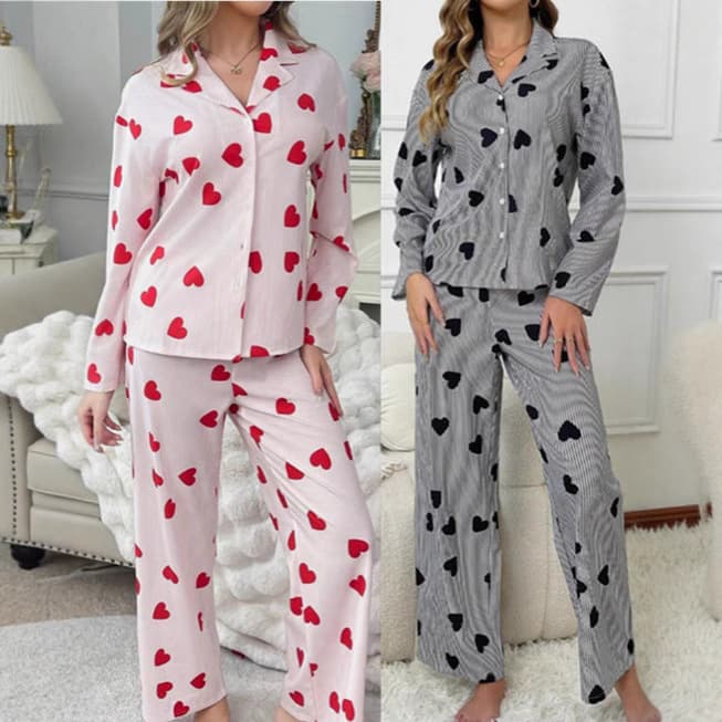 2025 European and American Heart Stripe Print Comfortable Breathable Long Sleeve Pajama Set Cross-border Supply Women's Homewear