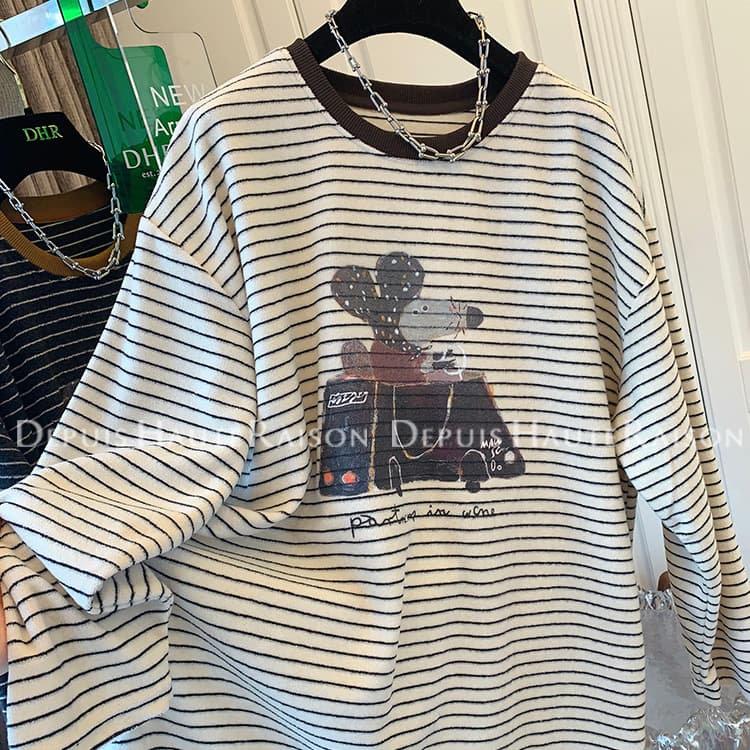 Contrast Color Round Neck Rabbit Fur Thick Brushed Long Sleeve Striped T-Shirt for Women, New Korean Style Cartoon Print Casual Base Layer Top