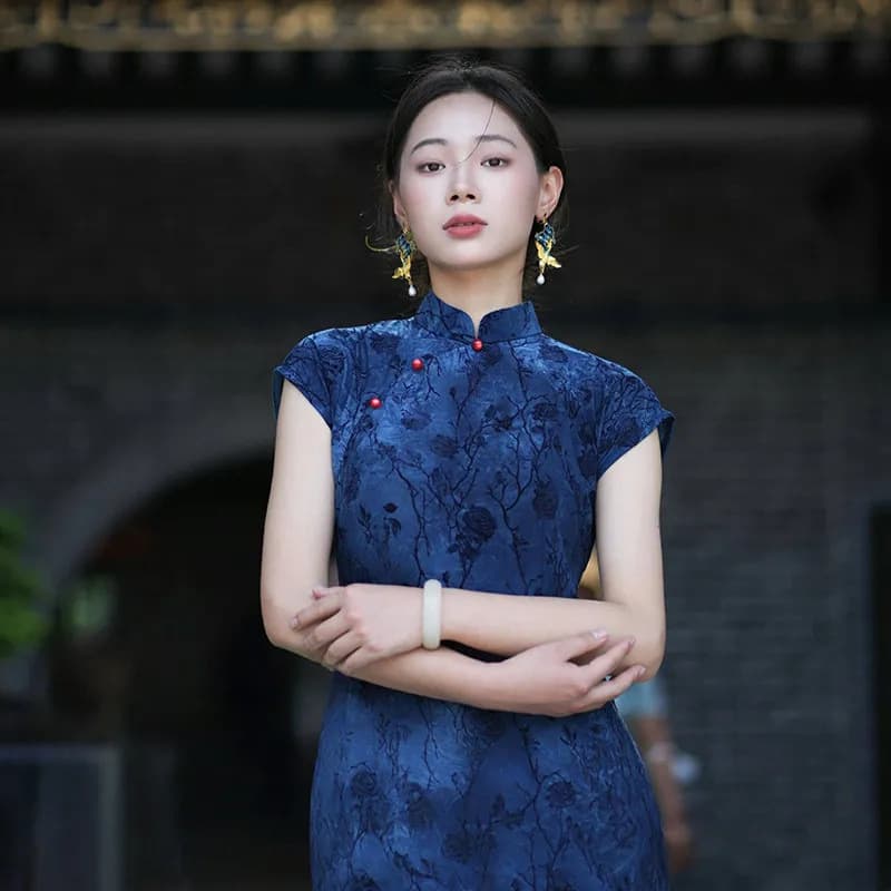 2026 summer new daily new Chinese style retro improved cheongsam temperament slim republican style blue dress