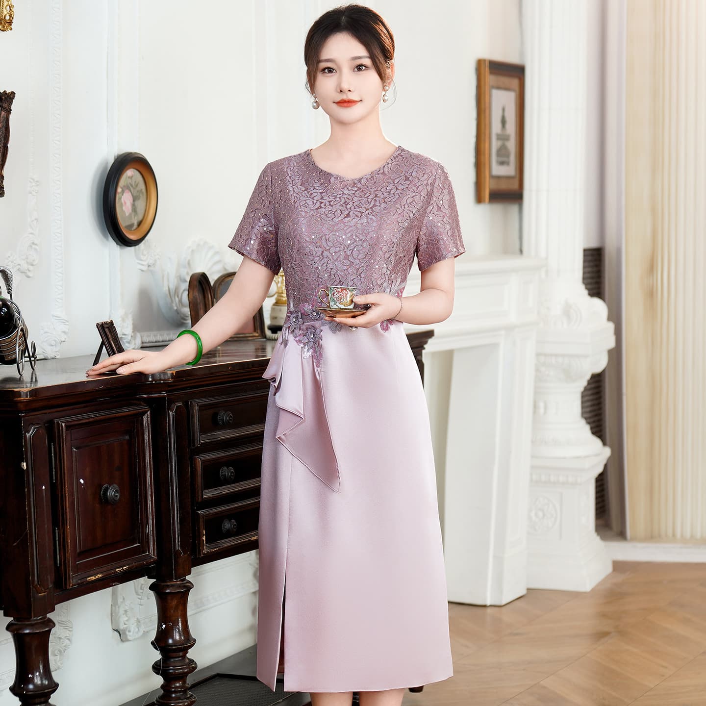 Short Sleeve Cheongsam Dress for Mother of the Bride/Groom, Young Style, Suitable for Daily Wear, Wedding Banquet Dress [9987]