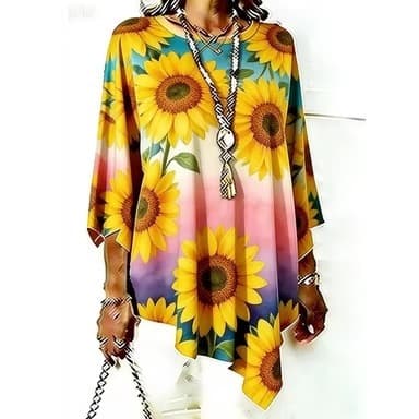 Bohemian Colorful Feather Top, Round Neck, Three-Quarter Sleeves, Loose Hem Ethnic Style Blouse