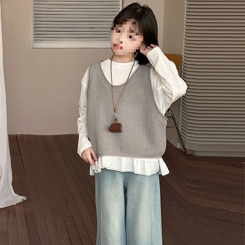 Girls' Spring Set New Style, Children's Spring Clothing Fashionable Japanese Style Large Kids Vest Three-Piece Set, Spring/Autumn Style