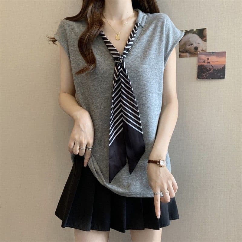Plus Size Casual Lazy Style V Neck Tie Short-Sleeved T-Shirt for Women Summer New Fat mm Loose Slim Fashion Top for Women