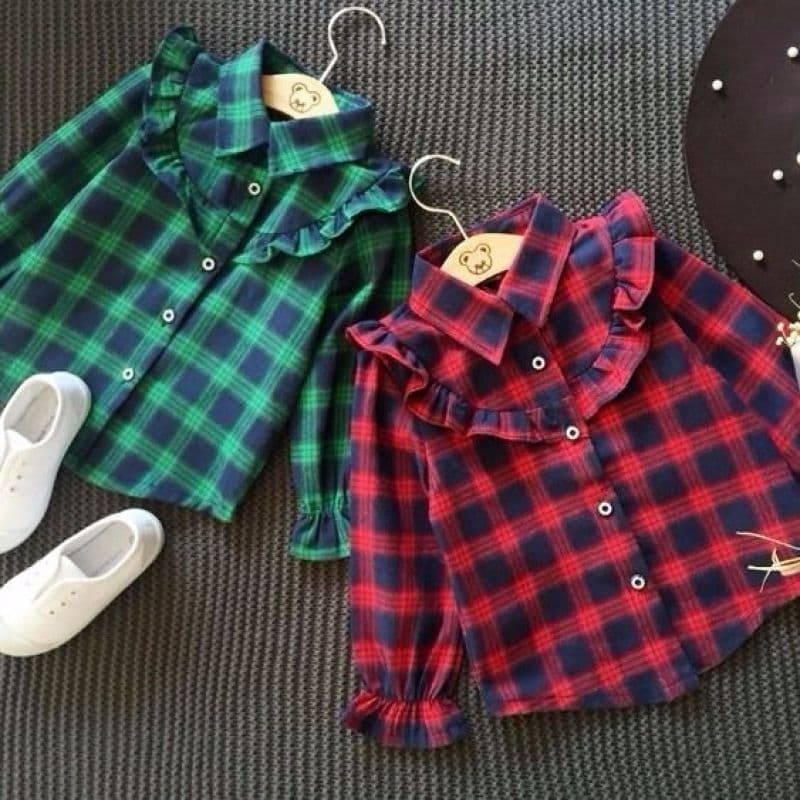 Girls' Spring Shirt, Toddler/Kids Thin/Thick Korean-Style Children's Cotton Shirt with Ruffle Sleeves and Plaid
