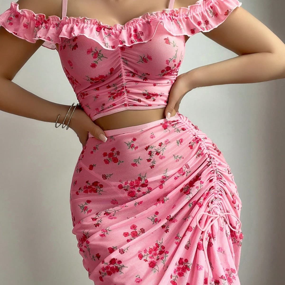 Sexy Lingerie Printed Pink Long Skirt Thong Set