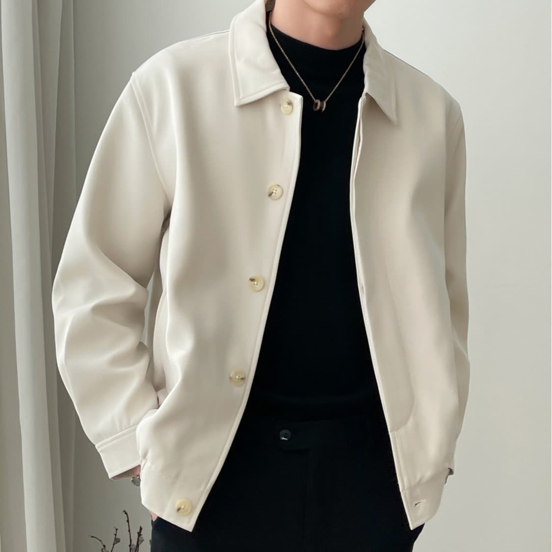 Spring Autumn Men's Casual Apricot Collar Jacket Loose Korean Style Trendy Short Coat Tailored Outerwear Polyester Fiber