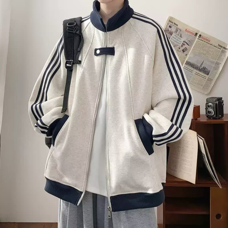 Deconstructed Striped Stand Collar Jacket Men's Winter Loose Casual Cardigan Sweatshirt American Youth Sports Coat