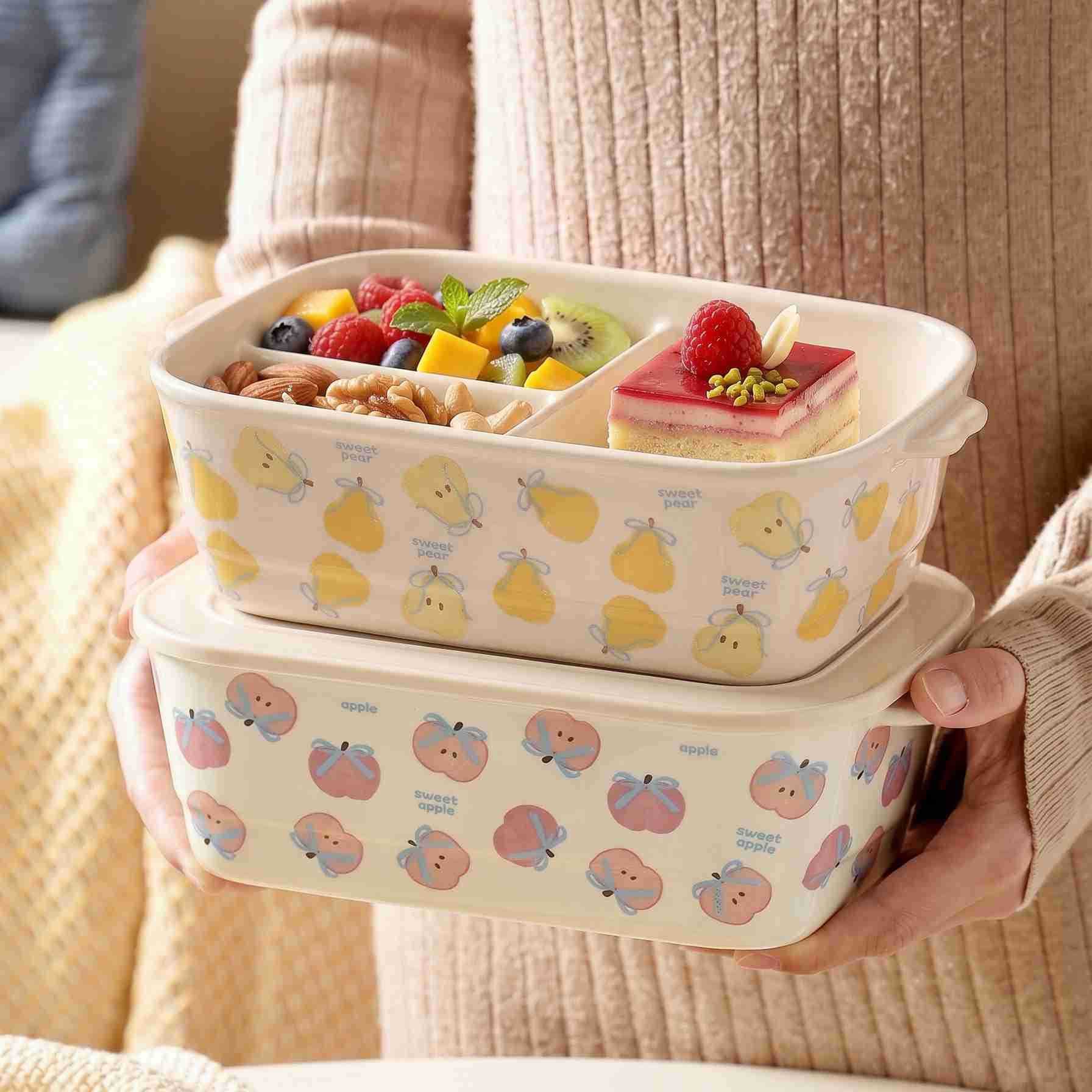 Cute Pet Ceramic Compartment Bento Box Food-Grade Lunch Box for Office Workers, Underglaze Color, Large Capacity 3-Compartment Meal Container