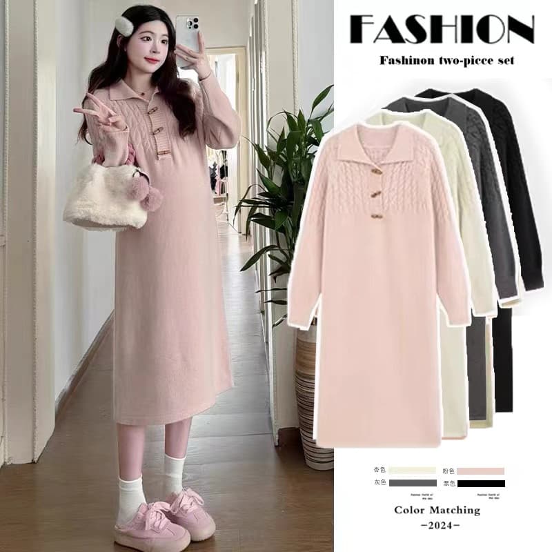 New autumn/winter style maternity dress with a turn-down collar, cable knit, horn button closure, loose and comfortable fit, thick and sweet.