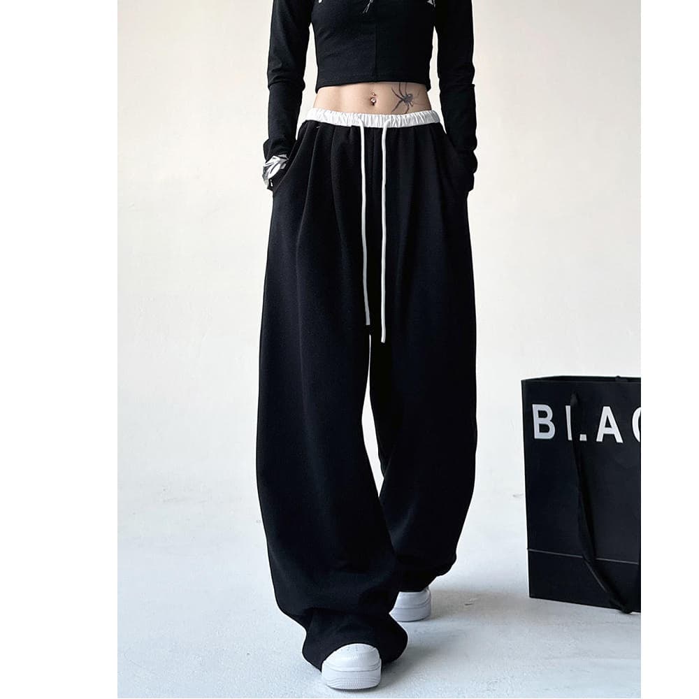 American Style New Thickened Sweatpants for Women, Spring and Autumn Loose Casual Trousers, Tall Drawstring Elastic High-Waist Wide-Leg Pants