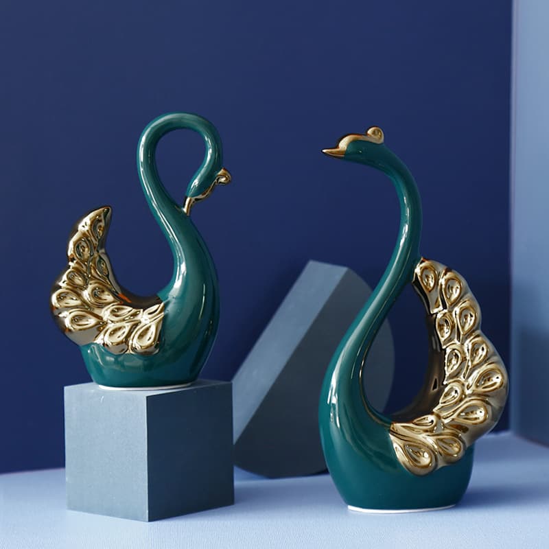 Nordic Light Luxury Blue Gold Feather Small Couple Swan Ceramic Ornament for Living Room, Dining Room, TV Cabinet, Wine Cabinet Decoration