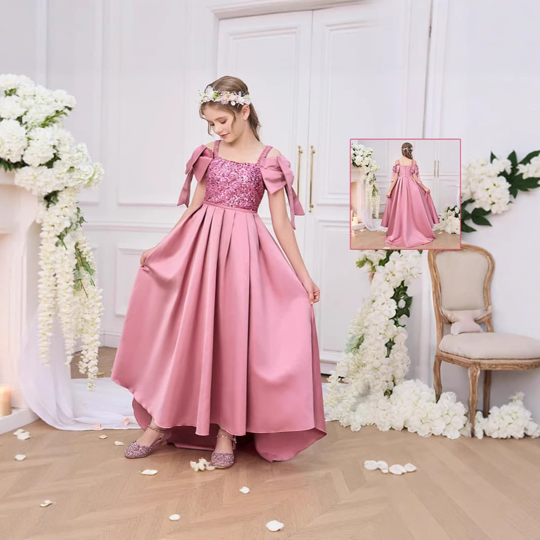 Cross-Border Long Sequin Off-Shoulder Bow Evening Gown Dress, Wedding Flower Girl Dress Princess Dress