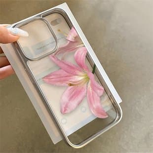 Electroplated Crystal Clear Shell Minimalist Pink Morning Glory Compatible with Apple 17/16/15/13 Pro Max Phone Case 12/11