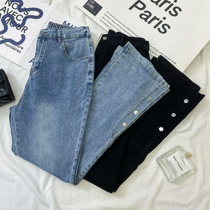 Extra large size 300 pounds fat mm slit high waist slightly flared jeans for women loose slimming versatile stretch flared trousers