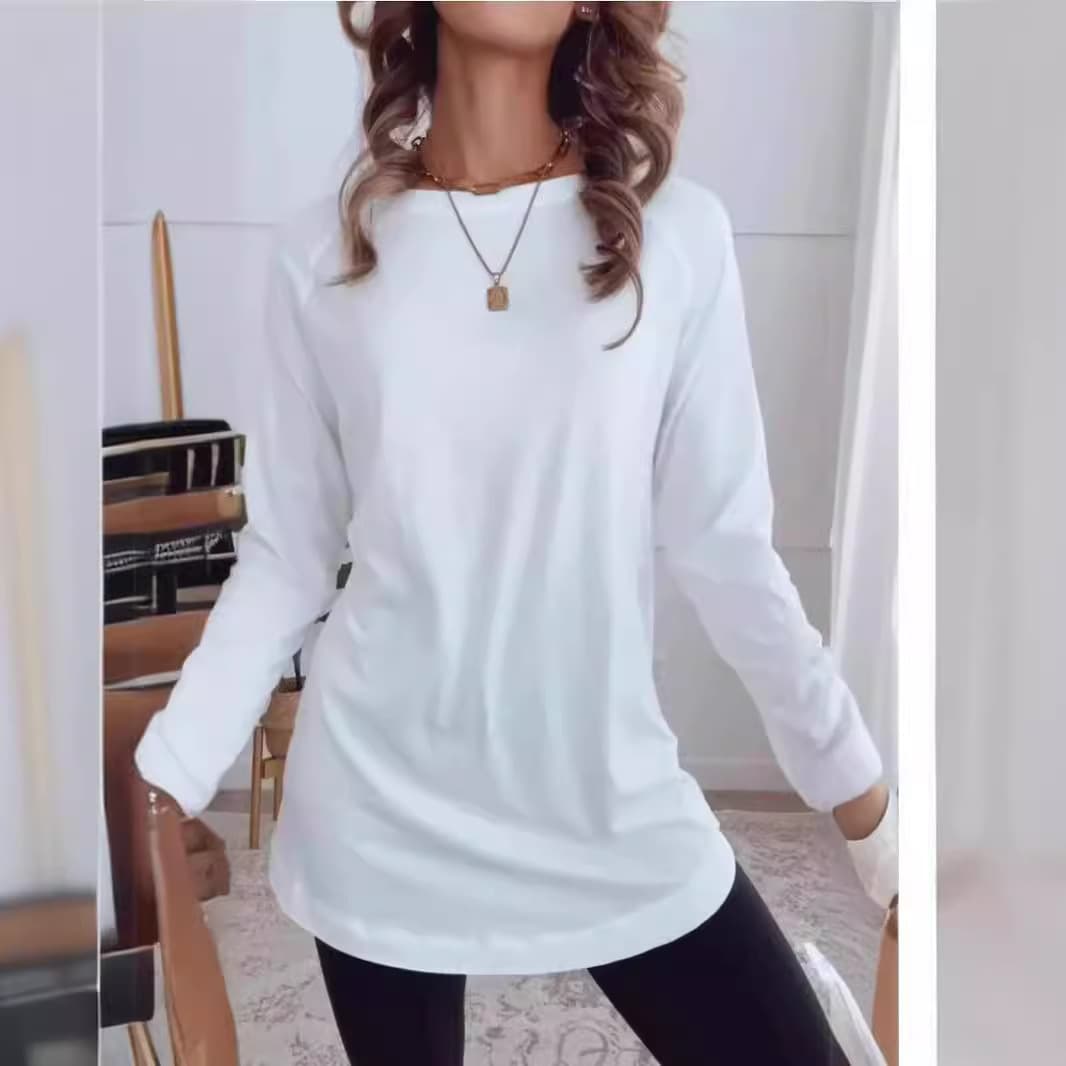 2024 New Cross-border Amazon Independent Station Long-sleeve T-shirt for European and American Markets Solid Color Crew Neck Casual Top