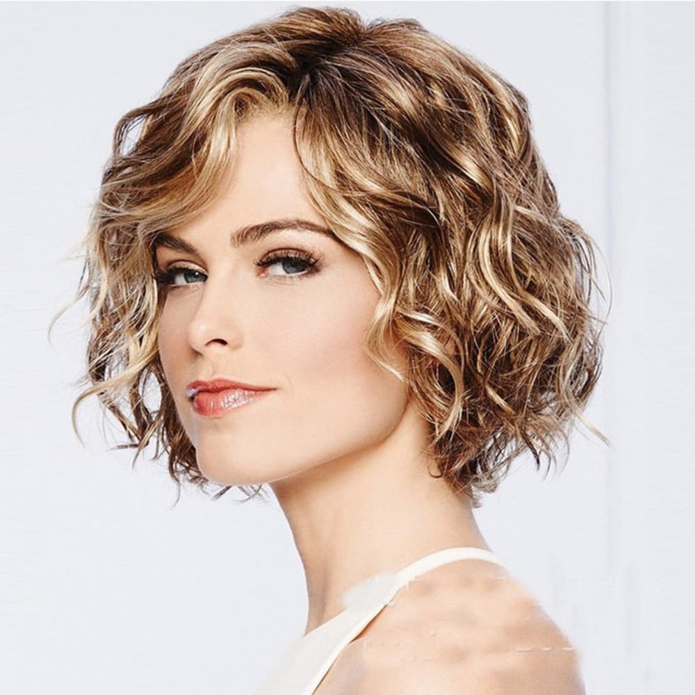 European Ladies' Short Curly Hair Wig Mixed Color Fluffy Full Head Cover Wig Cos Style Middle Parted Hair Replacement