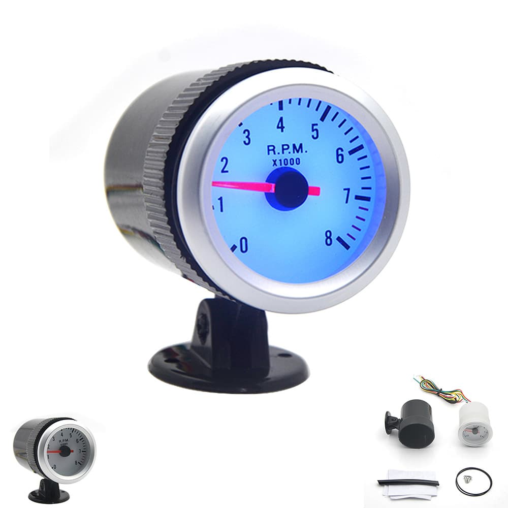 2 Inch 52MM White Face Blue LED Tachometer Modified Car Gauge Car Gauge Suitable for 1-8 Cylinders