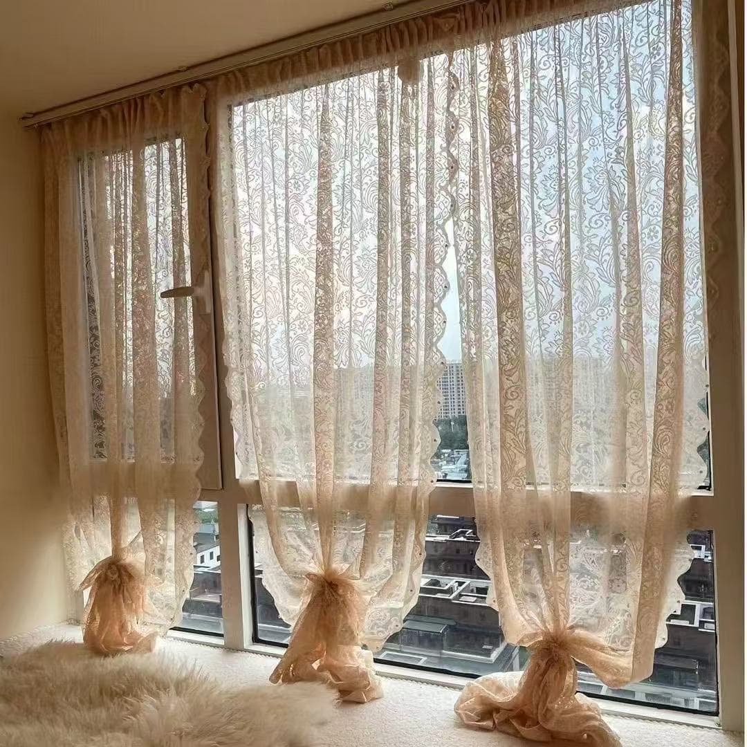 Lace French Curtain, Sheer Curtain Light-Transmitting Not See-Through, Bedroom Bay Window No-Drill Self-Adhesive Short Curtain, Cabinet Sunshade