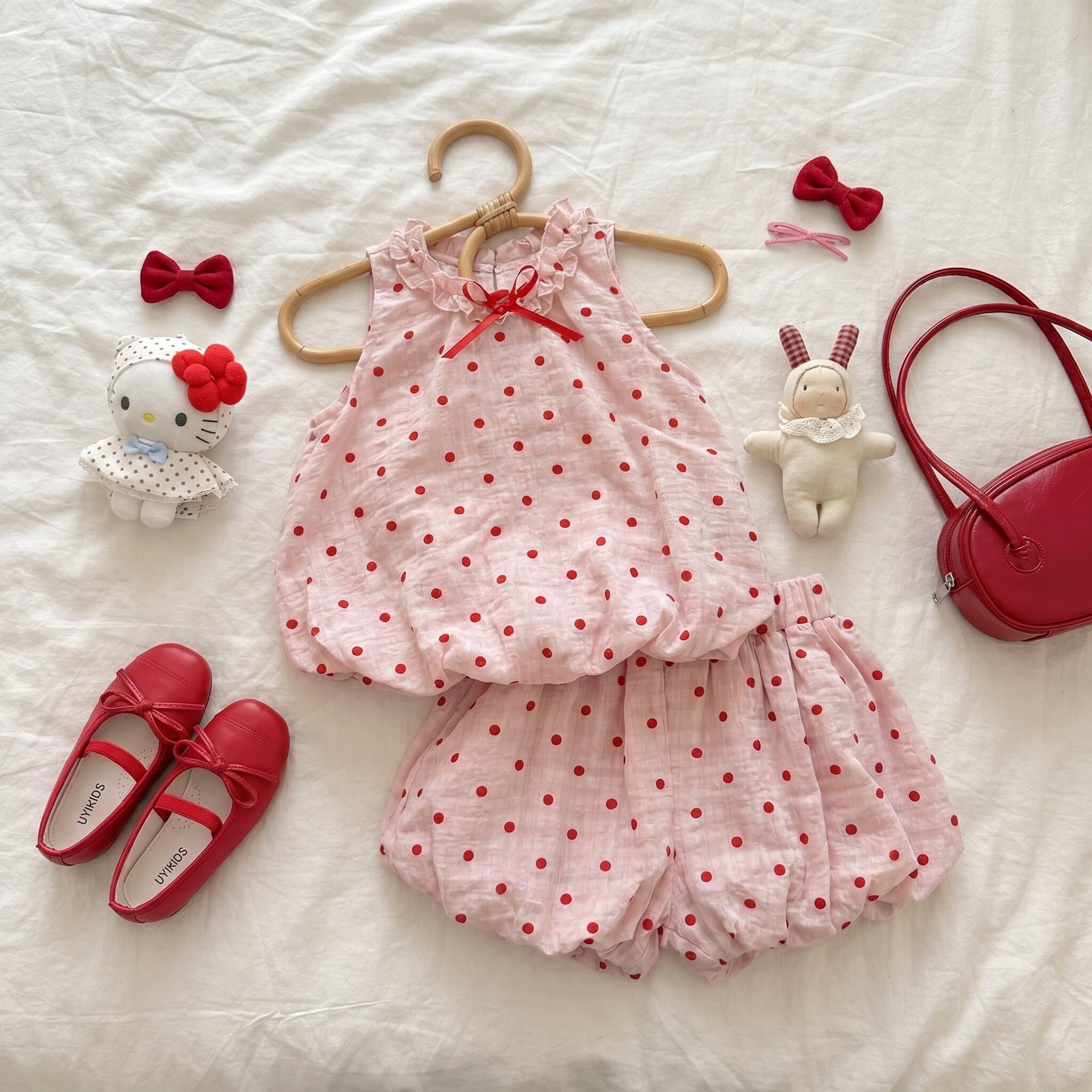 Girls sleeveless suit 2026 summer new pink sweet fungus edge polka dot plaid flower skirt two-piece trendy set