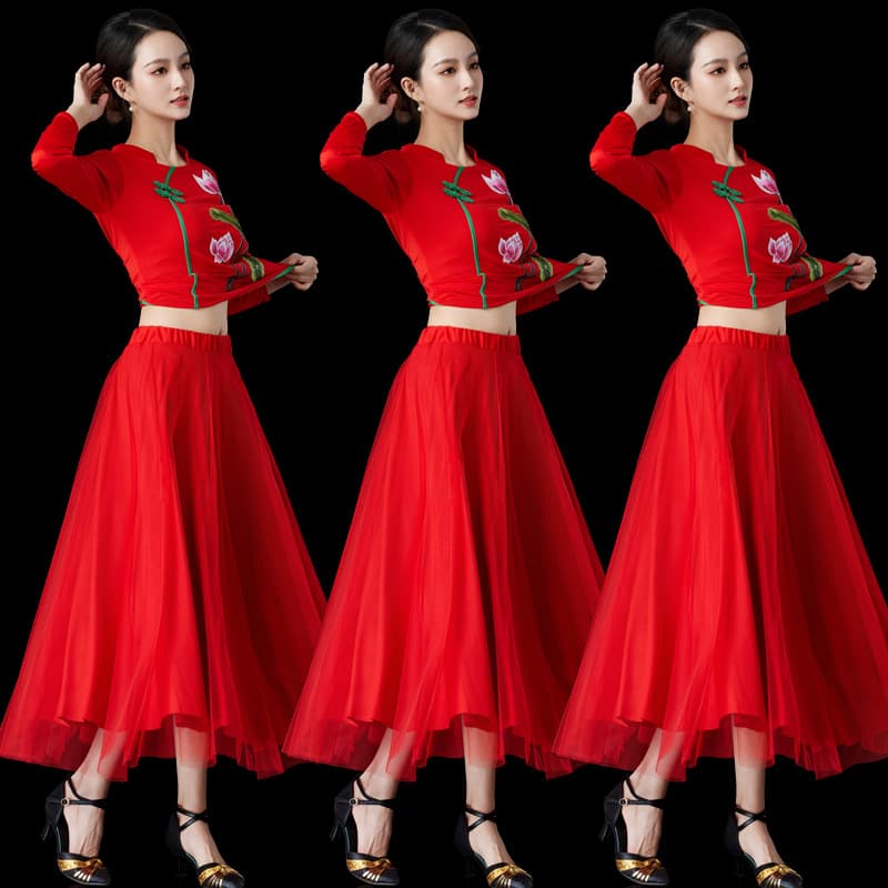 New Square Dance Costume Set Milk Silk Ethnic Fan Dance Yangko Performance Long Dress Women