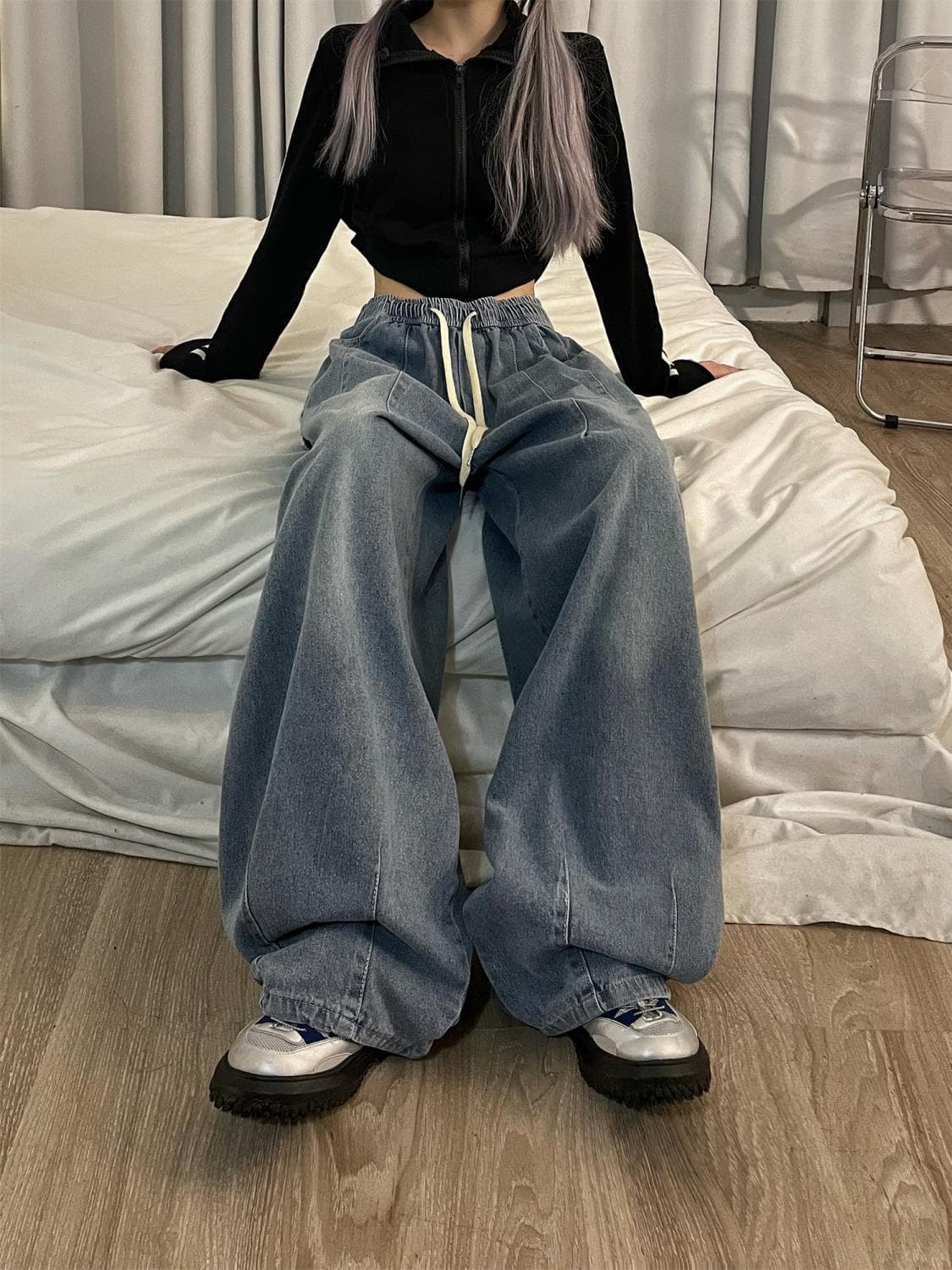 Plus-size retro denim jeans for women weighing 200-300 lbs, loose-fitting floor-length lantern pants, slimming wide-leg pants for pear-shaped figures