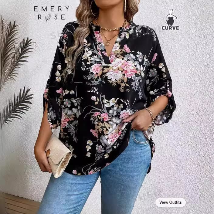 Cross-border New European and American Women's Clothing Amazon Independent Station Plus Size Floral Print Long Sleeve Shirred Loose Top