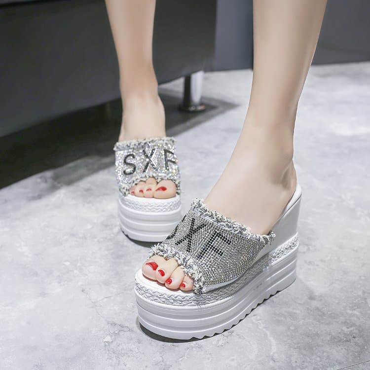 2026 Summer New Women's Shoes Korean Style High Heel Thick Sole One-Strap Slide Women's Platform Wedge Rhinestone Sandals