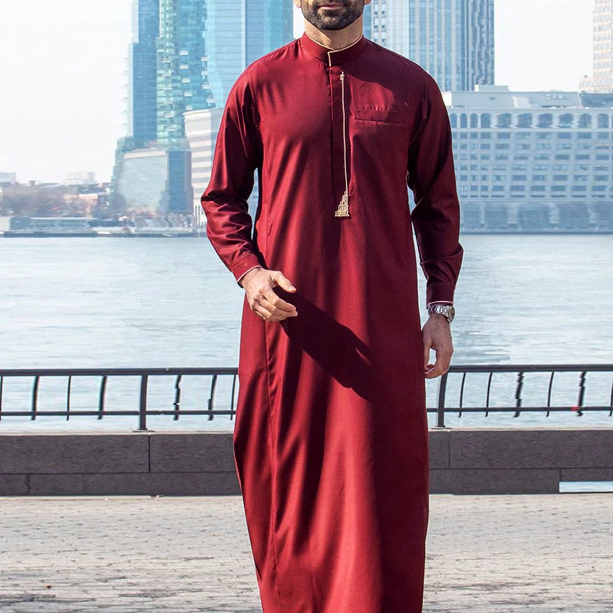 Men's Traditional Style Red Embroidered Prayer Long Sleeve Robe Islamic Qamis