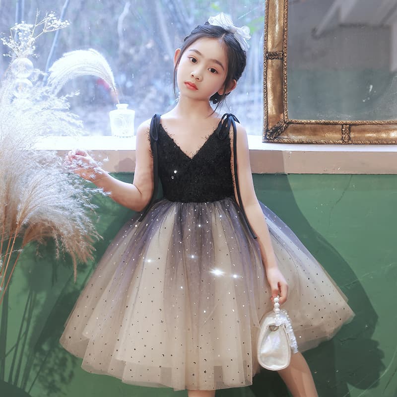 Children's Princess Dress Elegant Strapless Piano Performance Black Stage Outfit Host Catwalk Tulle
