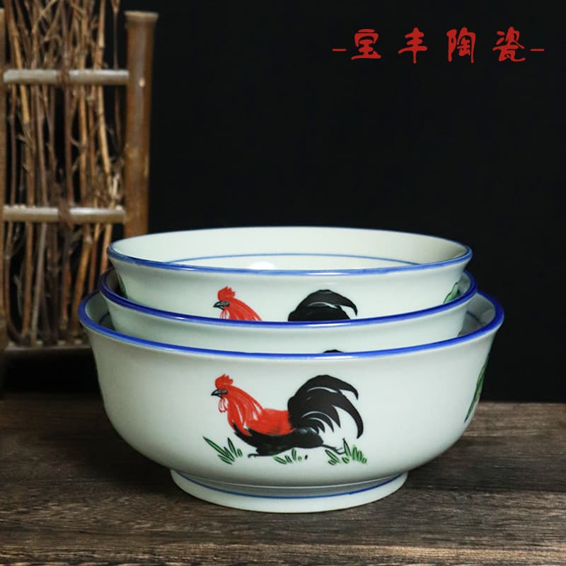 High temperature underglaze color rooster bowl ceramic noodle bowl porridge bowl soup bowl wide belly bowl thick rim bowl with printed logo