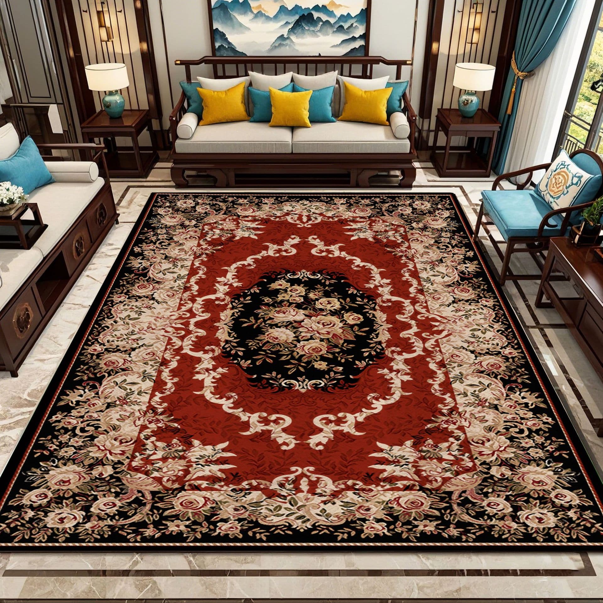 Vintage Chinese Carpet Large Area Living Room Study Foot Mat Non-Slip Easy Care Crystal Velvet Floor Mat Bedside Rug