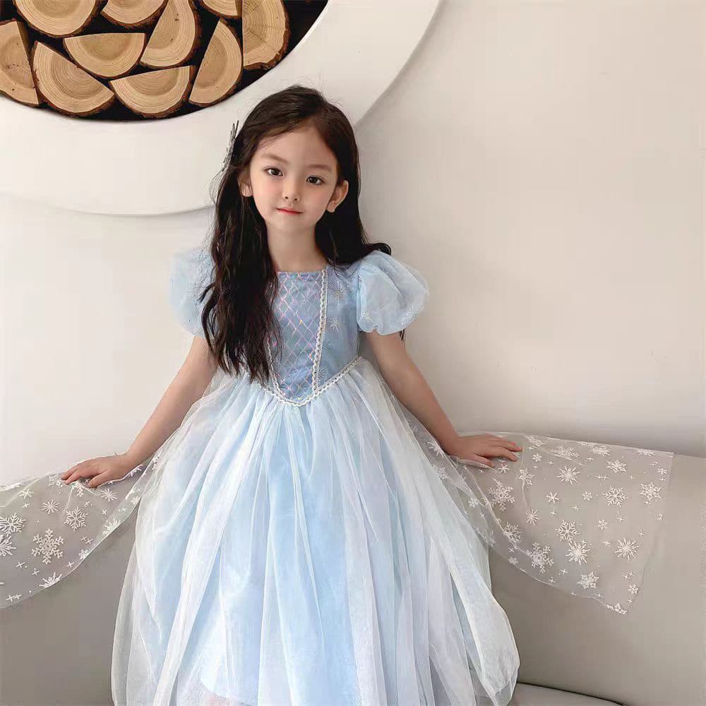 2025 Summer Girls Frozen Elsa Princess Dress Snowflake Cape Birthday Gown Elsa Long Dress
