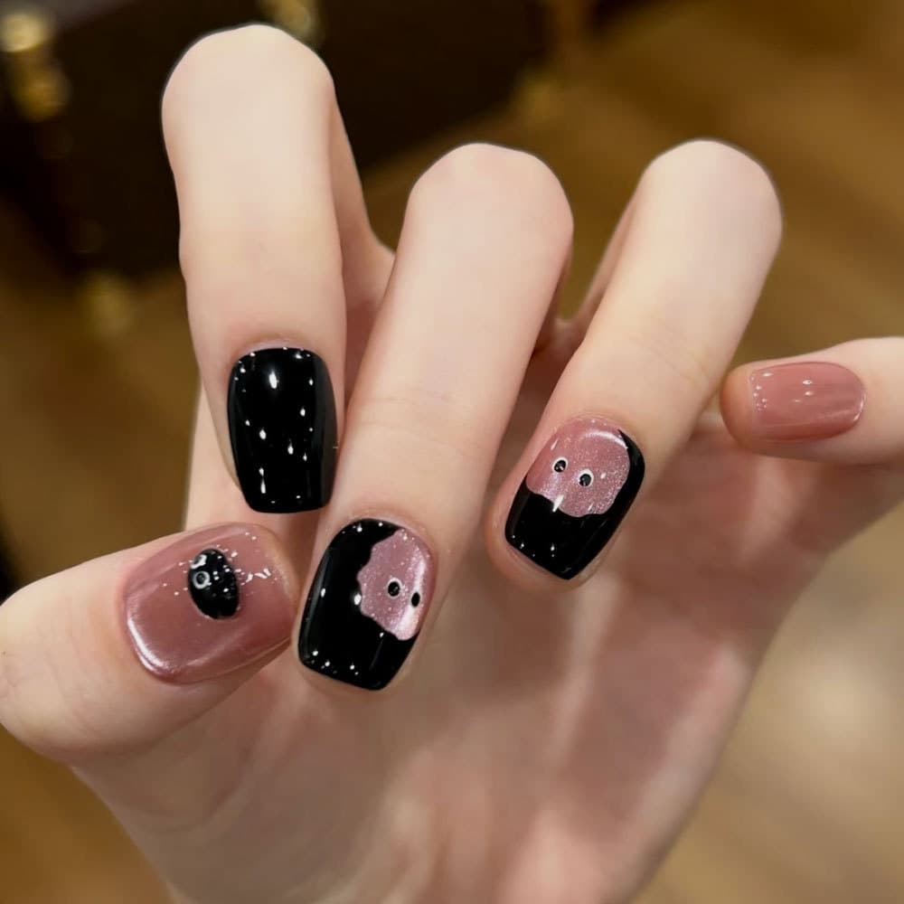 Black brown small briquettes cat eye wear nails short square nude brown manicure cartoon small black balls cute girl fake nails