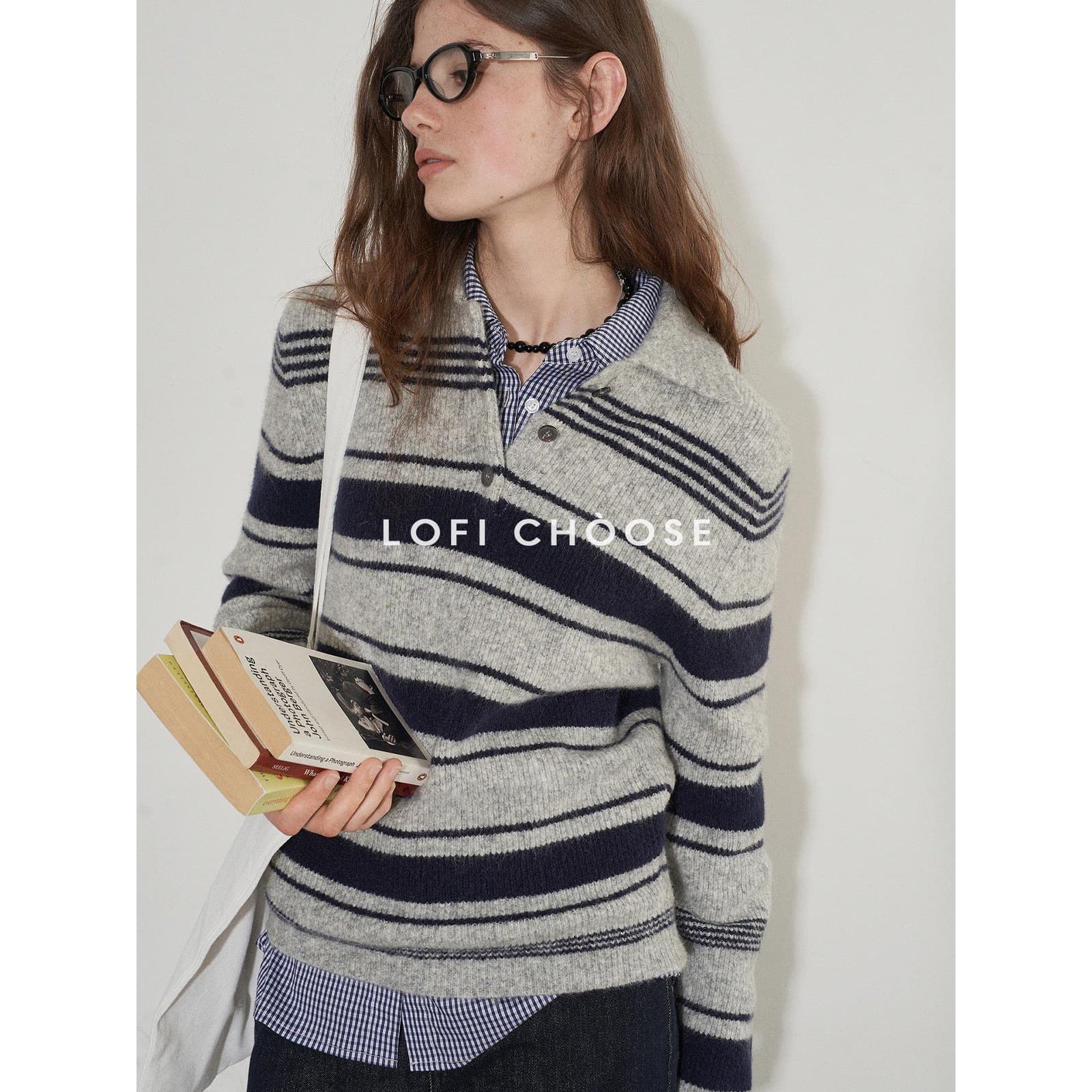 Lofi Choose Stripe Polo Collar Knit Sweater Women's, New Autumn Style Simple Loose Versatile Long-Sleeve Top