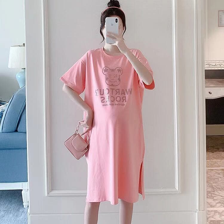 Maternity Dress 2023 Short Sleeve Casual Mom Outing Bear T-Shirt Dress Loose Maternity Summer Dress