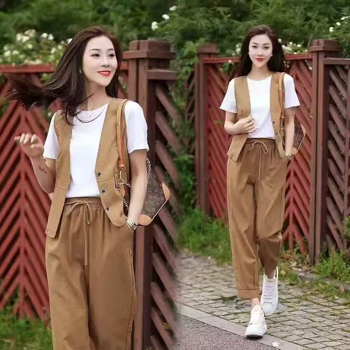 Fashion Sportswear Set for Women 2026 Summer New Casual Retro Style Short Sleeve Vest Harem Pants Three-Piece Set