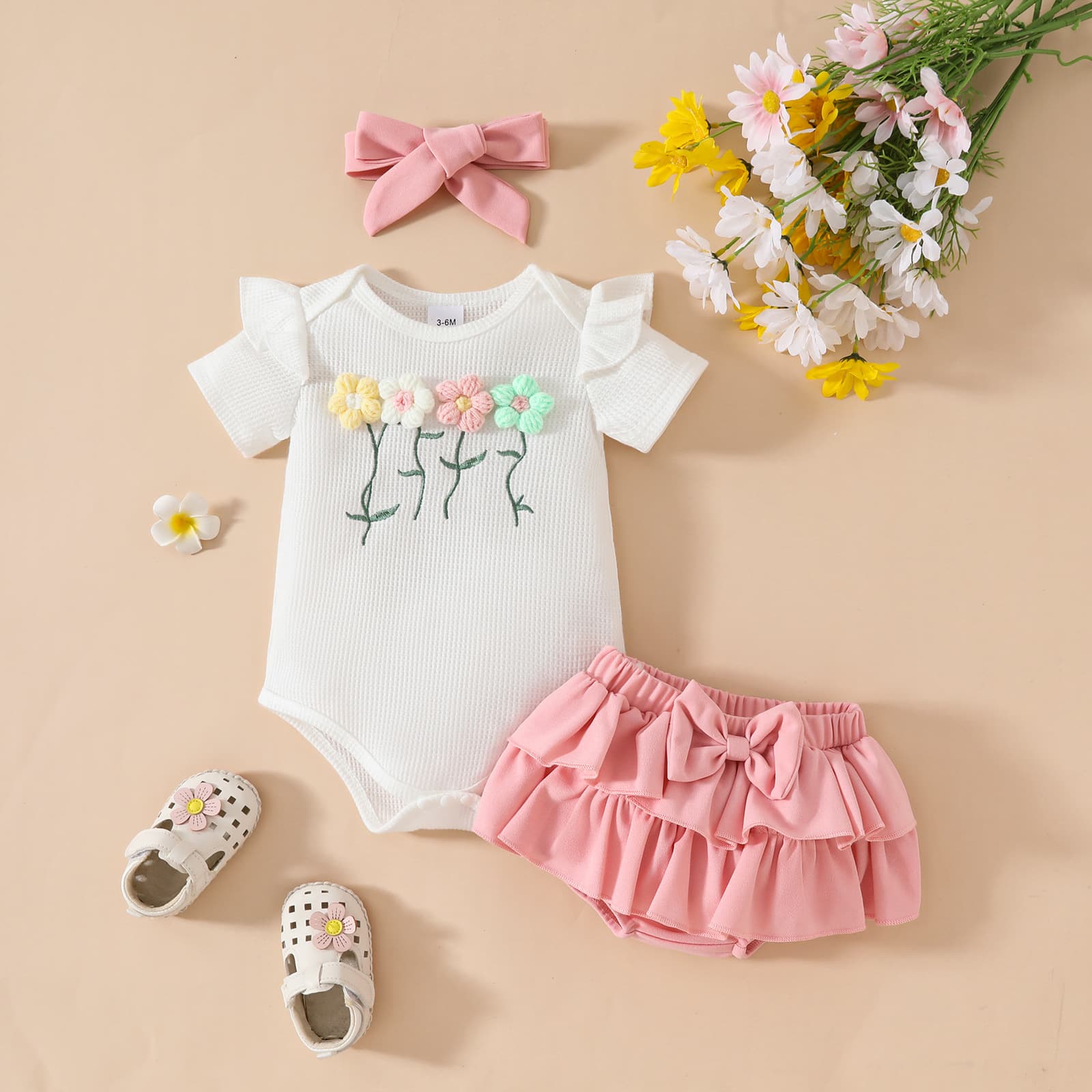 Cross-border Foreign Trade Infant Toddler Girls Spring Summer New 3D Flower Waffle Top Skirt Pants Bow