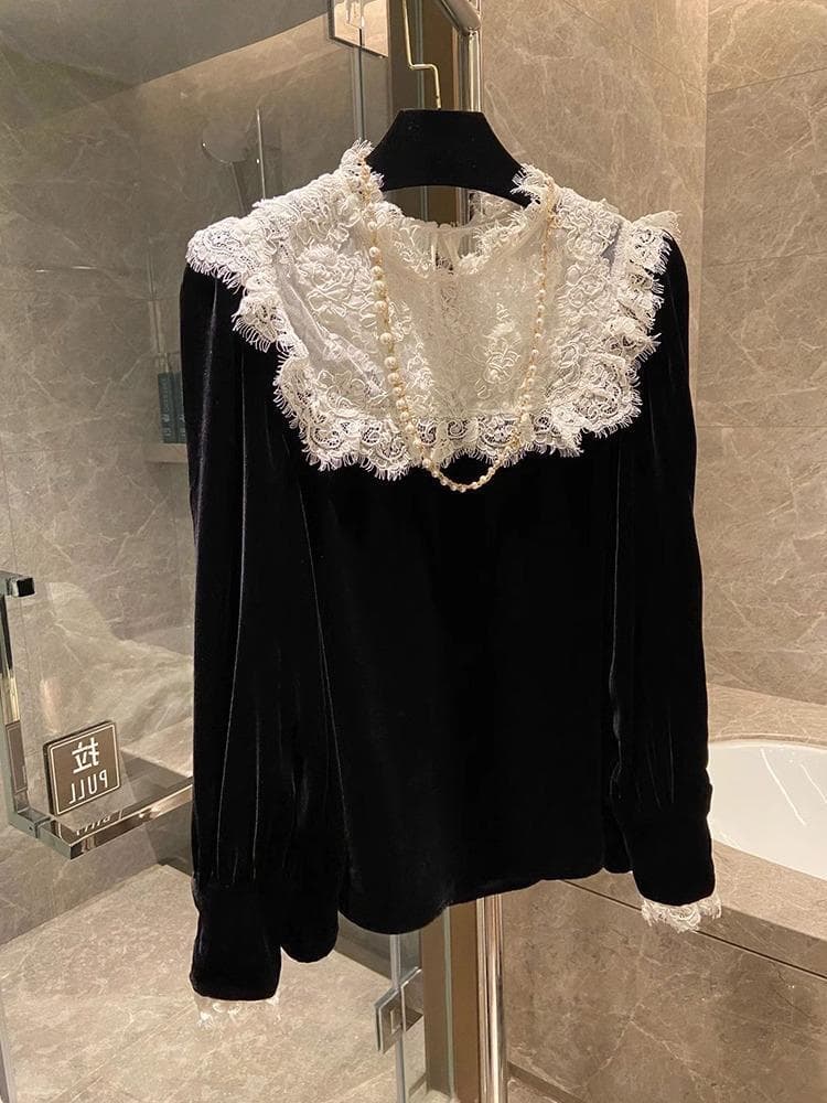 Lace Velvet Autumn New Women's Top Fashionable Youthful Black Blouse