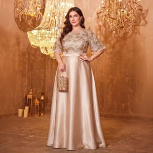 Shell String Embellished Sequin Round Neck Mid-Sleeve Cross-Border Evening Dress Plus Size Women's Clothing for Plus Size Women Bridesmaid Dress