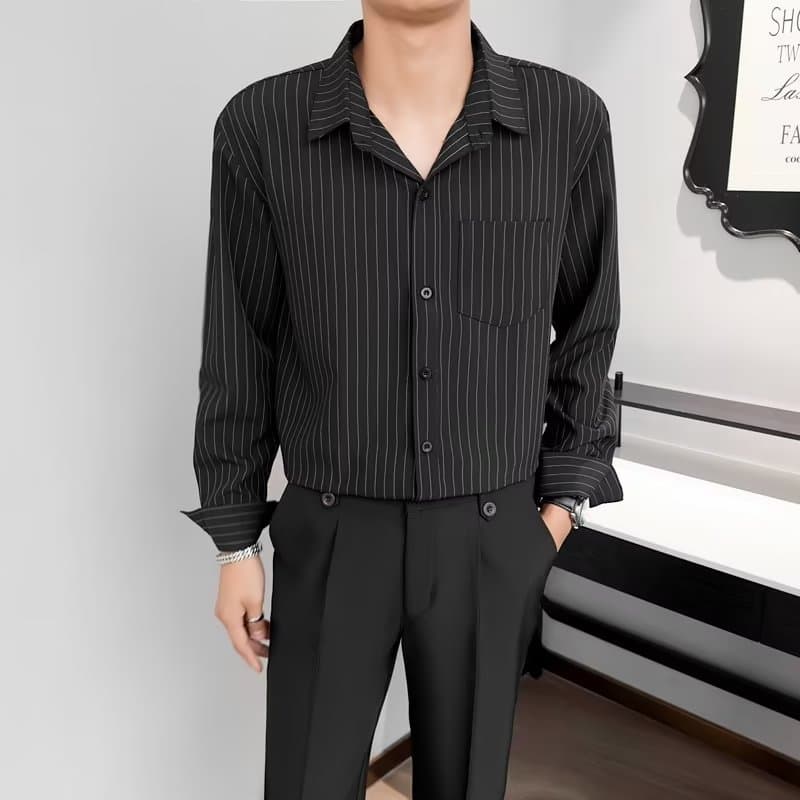 2024 Spring/Autumn Long Sleeve Vertical Stripe Shirt for Men, Stylish Casual Youth BF Korean Japanese Hipster Shirt