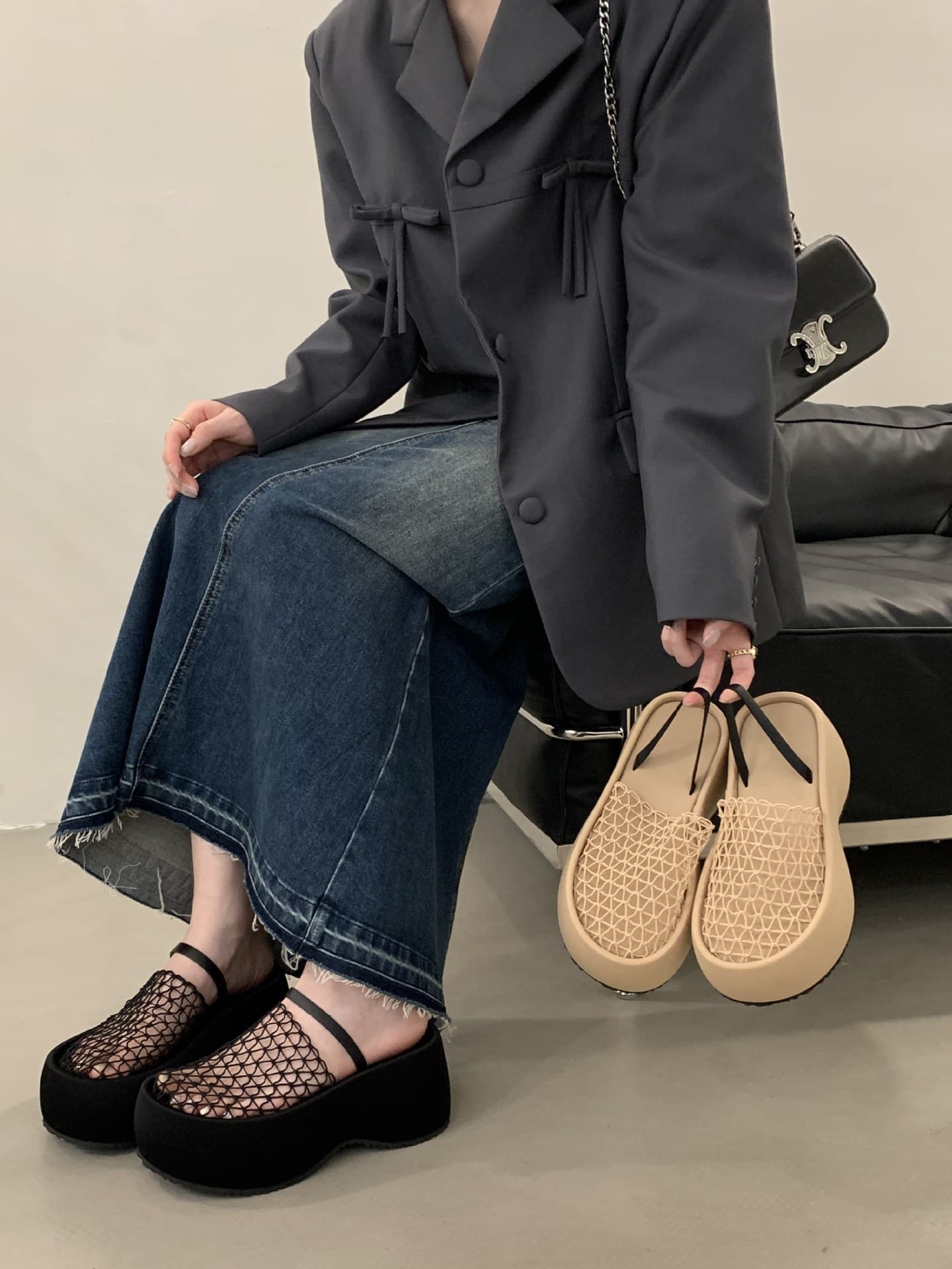 2025 Summer Half-Open Toe Slides, Thick-Soled Lace Hollow Breathable Mesh Shoes, Versatile Sandals to Pair with Dresses