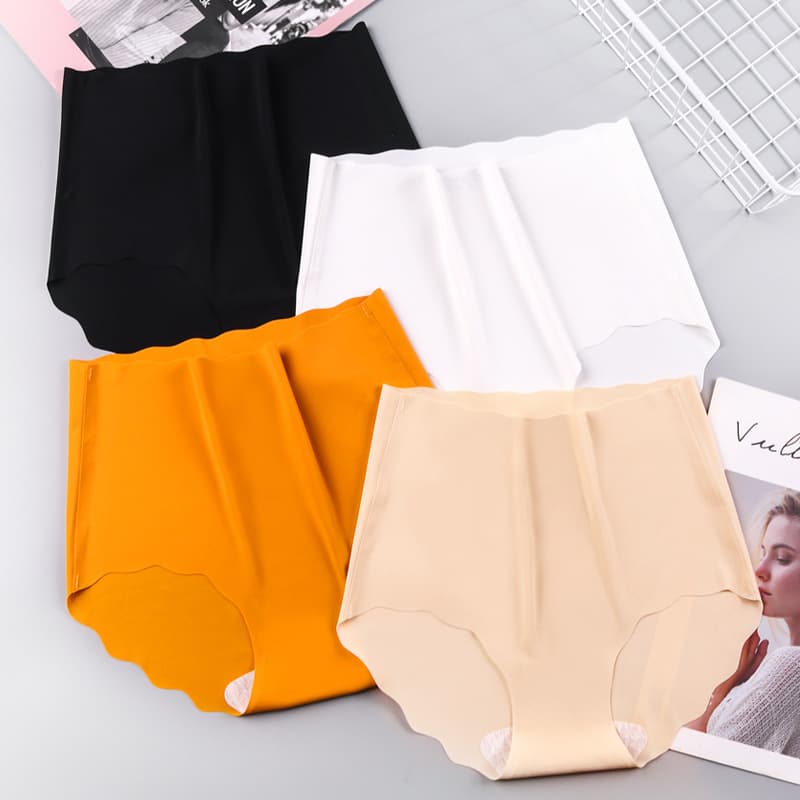 Ice Silk High-Waist Women's Underwear, Tummy Control, Seamless, Plus Size, Solid Color, Cotton Crotch, Breathable, One-Piece Women's Panties