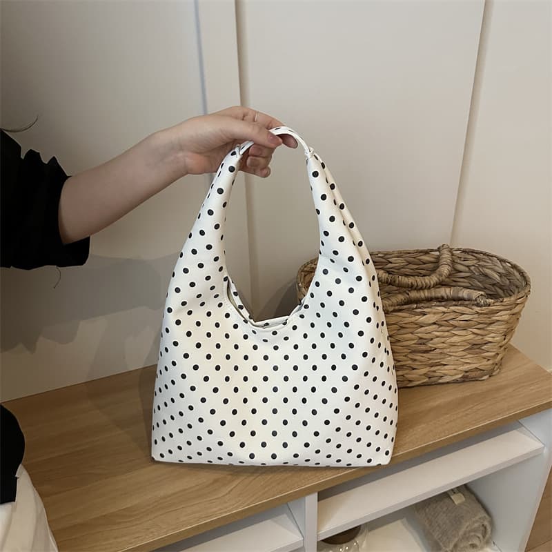 2026 New Niche Design Minimalist Style Fashionable Large-Capacity Black and White Polka Dot Canvas Bag Arc-Shaped Shoulder Tote Bag