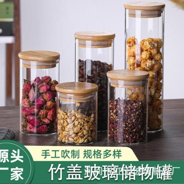 Manufacturer Sales High Borosilicate Glass Sealing Jar Wholesale Bamboo Lid Tea Can Transparent Glass Storage Container Candy Jar