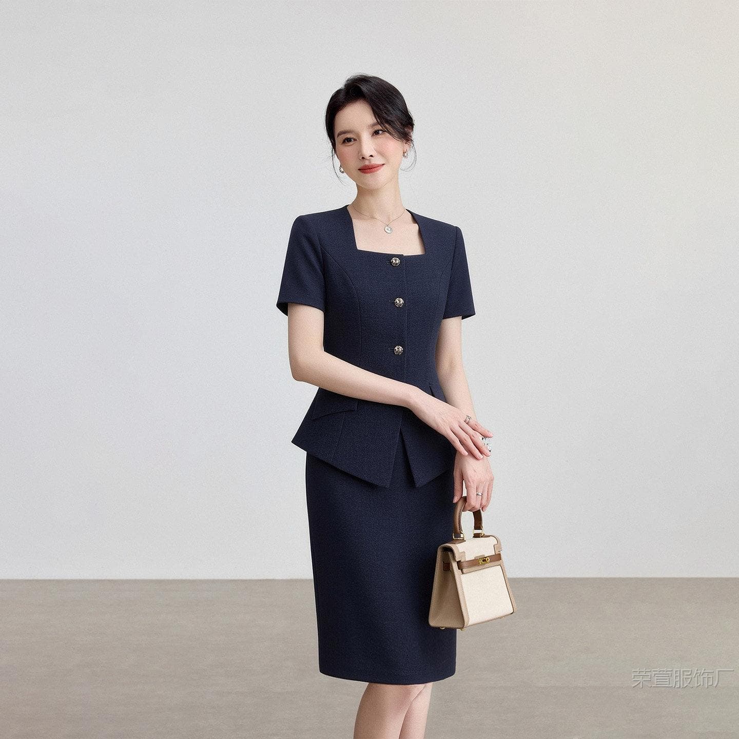 Navy blue short-sleeved business suit for women, summer temperament, slim suit jacket, midi skirt, two-piece beauty salon formal wear