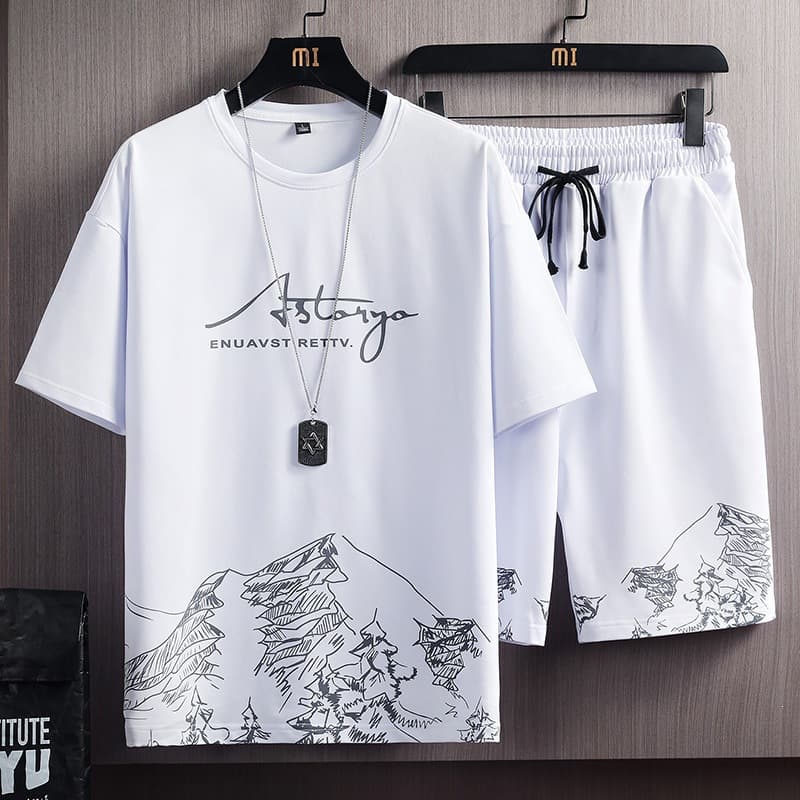 Men's Short Sleeve T-Shirt Set New Summer Mountain Print Fashion Trendy Korean Slim Fit Plus Size Sports Two-Piece Set