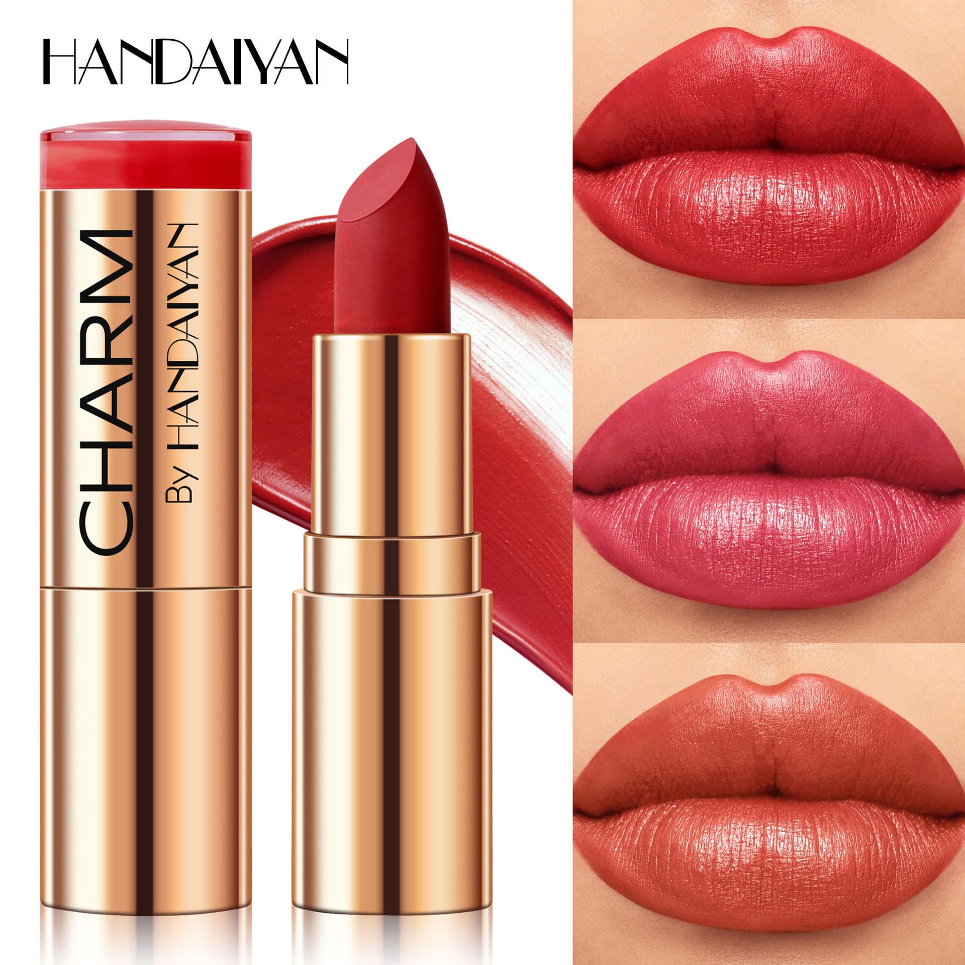 Cross-border moisturizing lipstick golden round tube HANDAIYAN lipstick waterproof and easy to color 8-color moisturizing lipstick